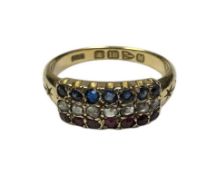 Victorian 18ct gold diamond, ruby and sapphire triple row ring (Chester 1895), ring size L 1/2