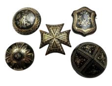 Group of five 19th century tortoishell piqué work brooches, with floral decoration to include a Malt