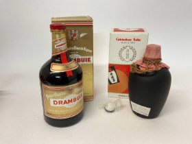 Two bottles, Drambuie 1 litre, 40%, boxed, and Gekkeikan Black & Gold Sake, boxed