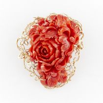 14k Yellow Gold Carved Coral Brooch w/ Diamonds