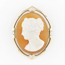 14k Gold Hardstone Signed Cameo Brooch w/ Diamonds