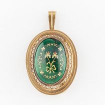 14k Yellow Gold Brooch with Green Enameled Panel
