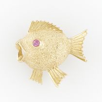 14k Yellow Gold Puffer Fish Pin w/ Ruby