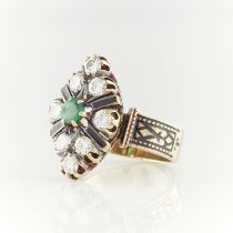 14k Yellow Gold Emerald, Diamond, and Enamel Ring