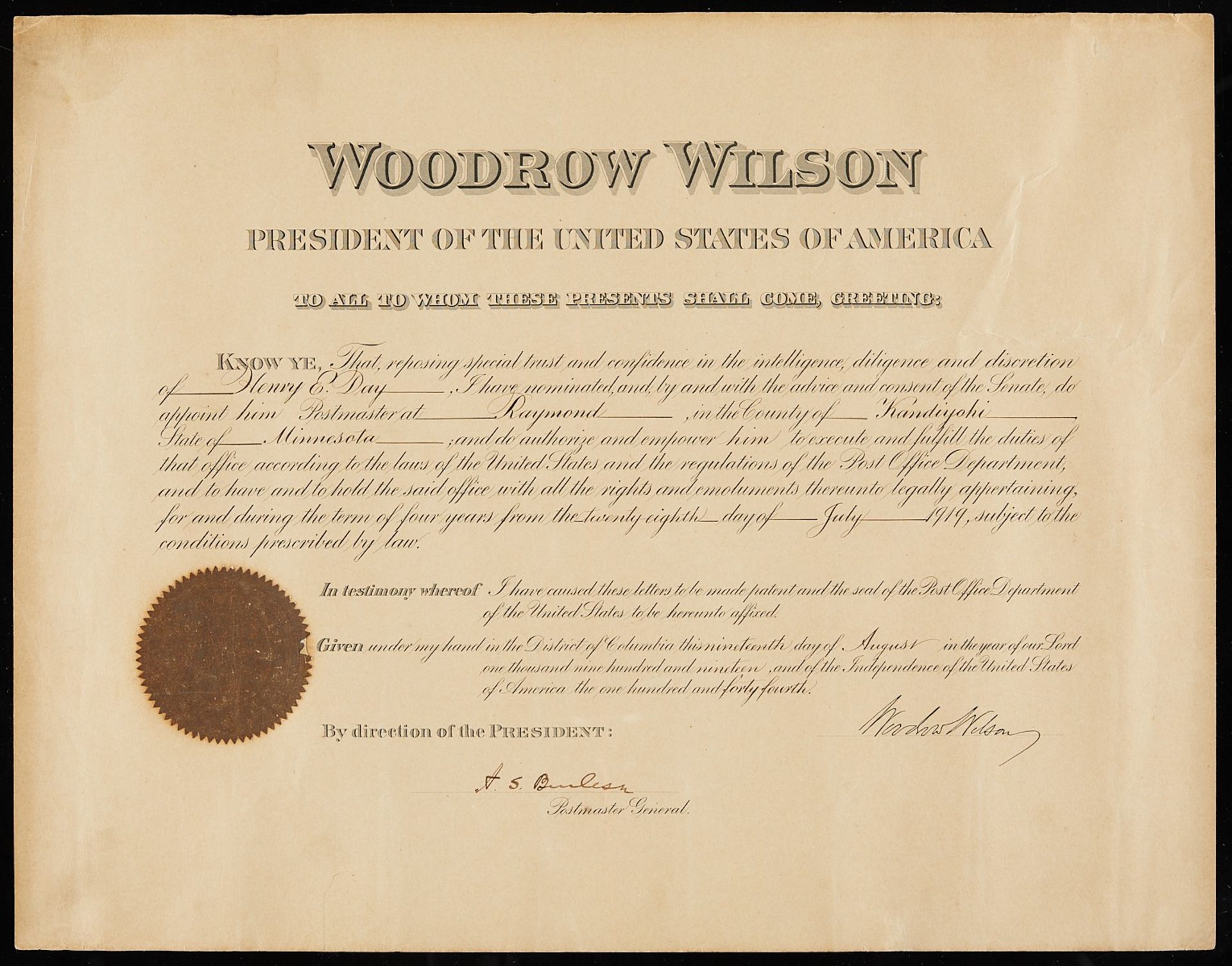 Postmaster Document Signed by Woodrow Wilson - Image 3 of 8