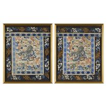 Pair Chinese Silk Embroidered Textile Fragments