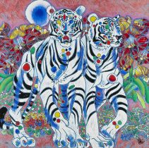 Tiefeng Jiang "White Tigers" Serigraph on Canvas