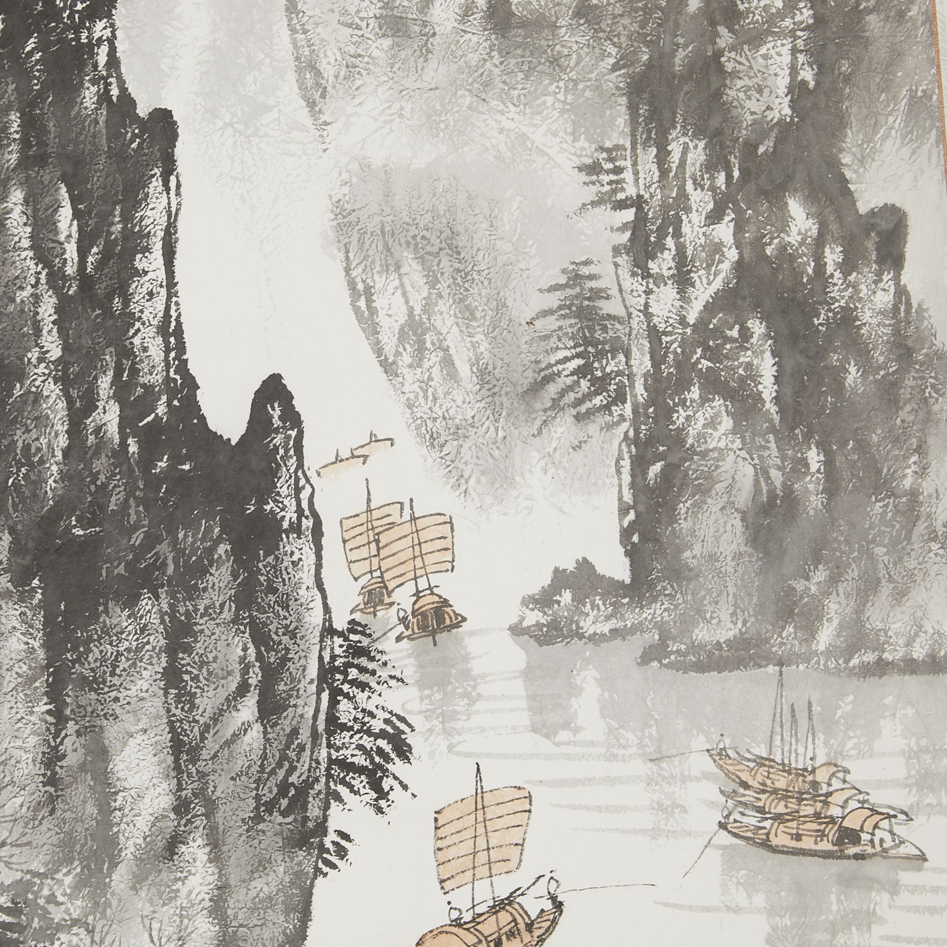 Chinese Scroll Painting Boats on River - Image 6 of 8