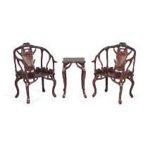 Set 3 Chinese Burl Chairs & Table w/ Faux Antler