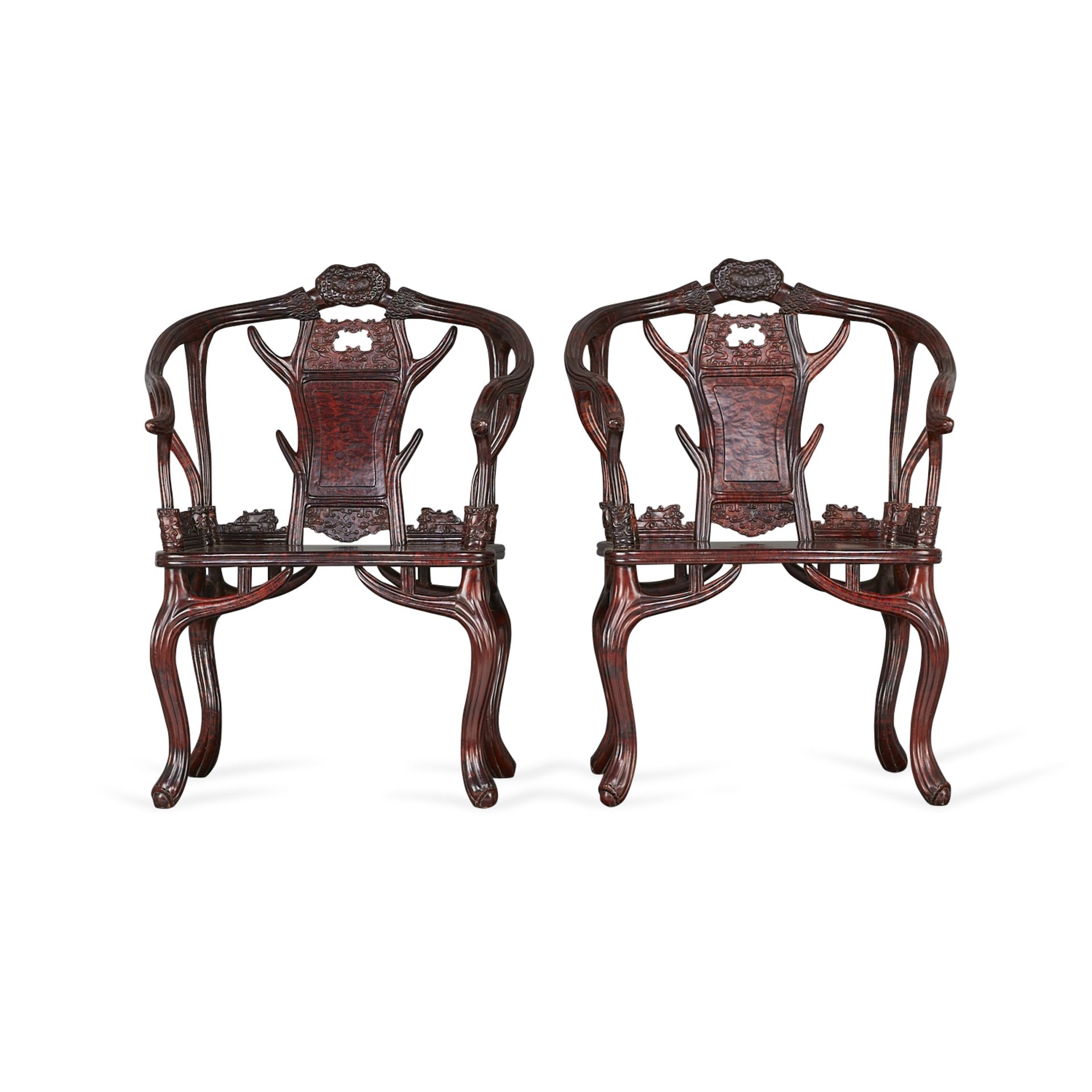Set 3 Chinese Burl Chairs & Table w/ Faux Antler - Bild 3 aus 28