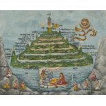 Mughal Mini Painting Mt. Meru w/ Vishnu & Lakshmi