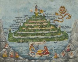 Mughal Mini Painting Mt. Meru w/ Vishnu & Lakshmi