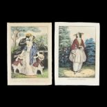 2 Currier & Ives Figures in Garden Prints