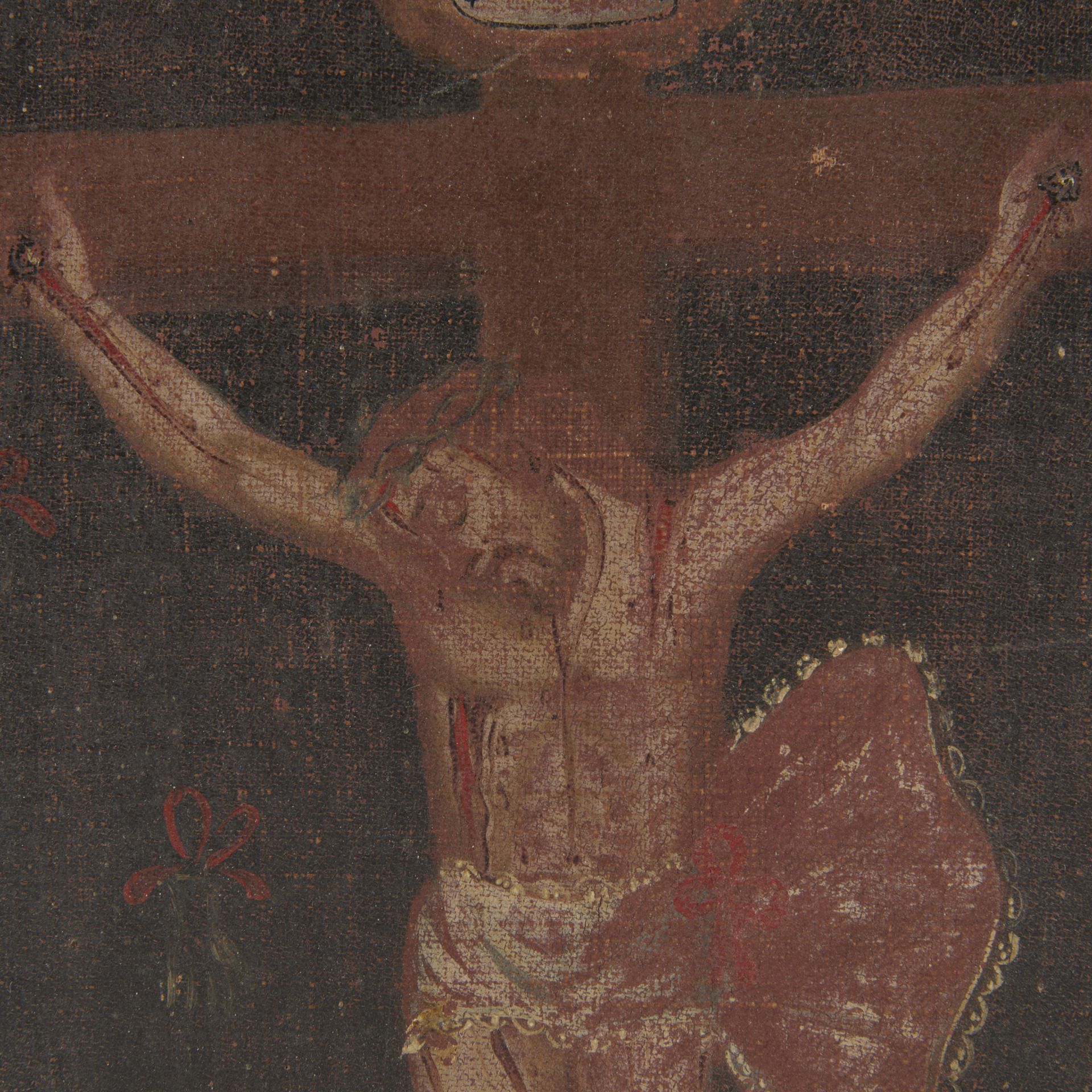 18th c. Spanish Colonial Crucifixion Painting - Image 4 of 10