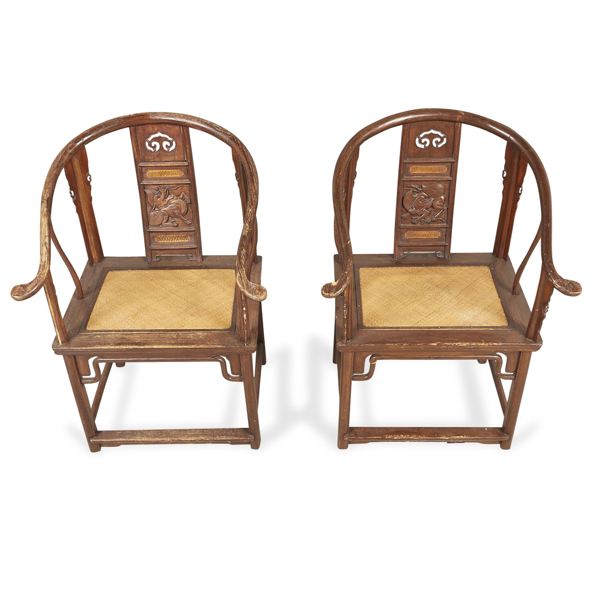 Pair Chinese Elm Horseshoe Back Quanyi Chairs - Image 7 of 20
