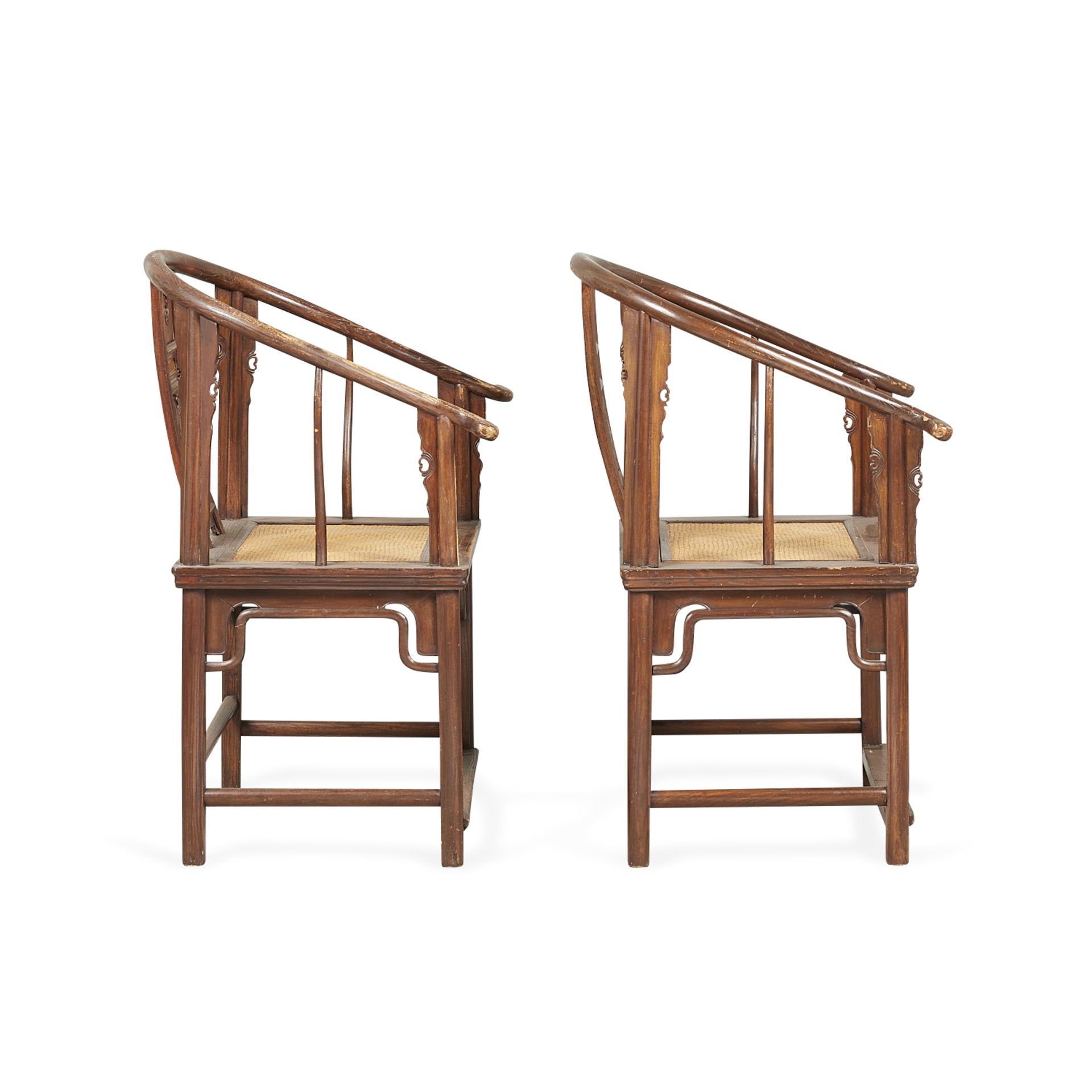 Pair Chinese Elm Horseshoe Back Quanyi Chairs - Image 4 of 20