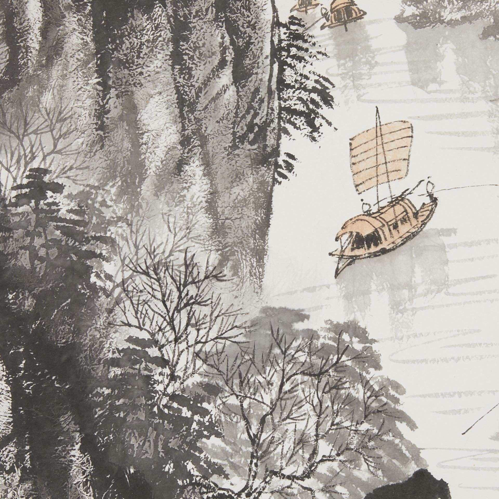 Chinese Scroll Painting Boats on River - Image 3 of 8