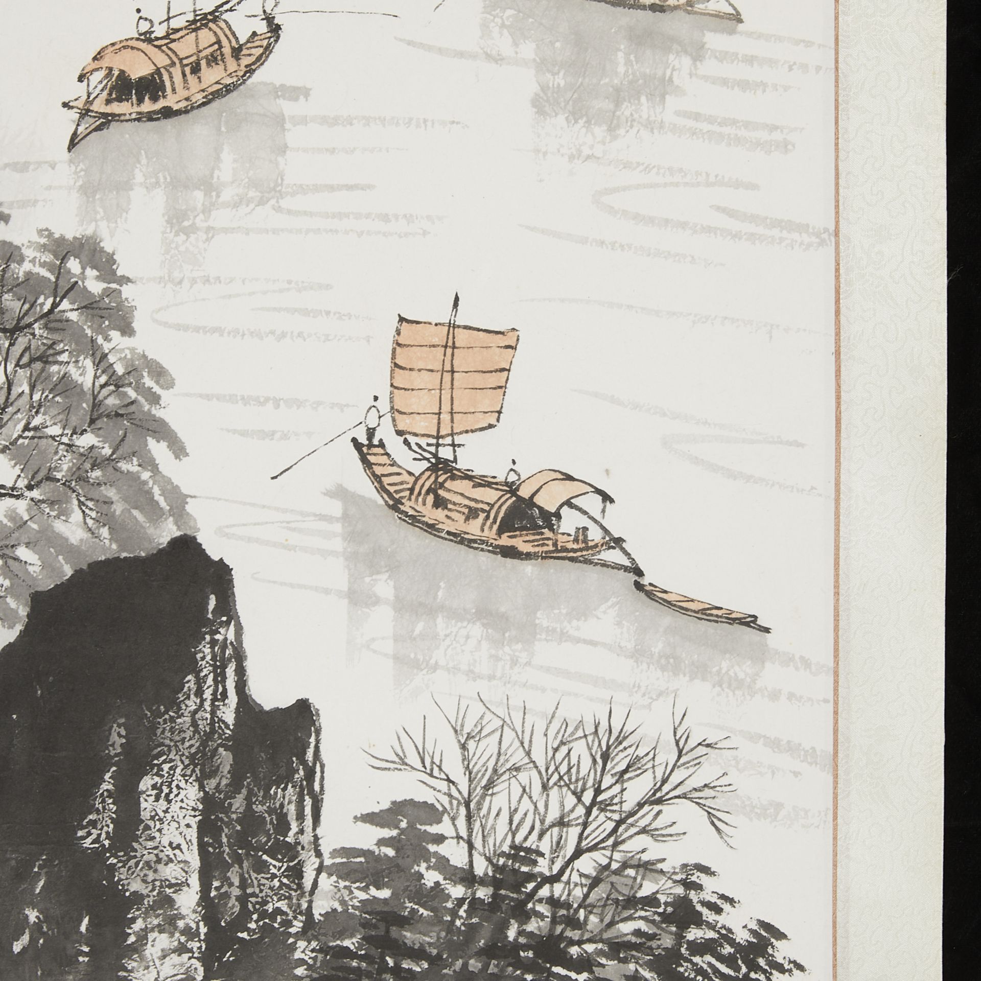 Chinese Scroll Painting Boats on River - Image 4 of 8