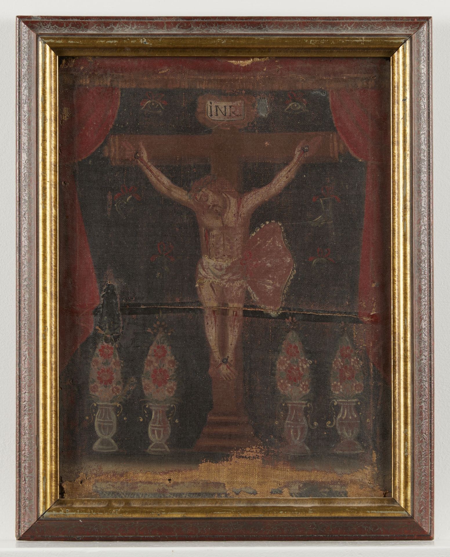 18th c. Spanish Colonial Crucifixion Painting - Image 3 of 10