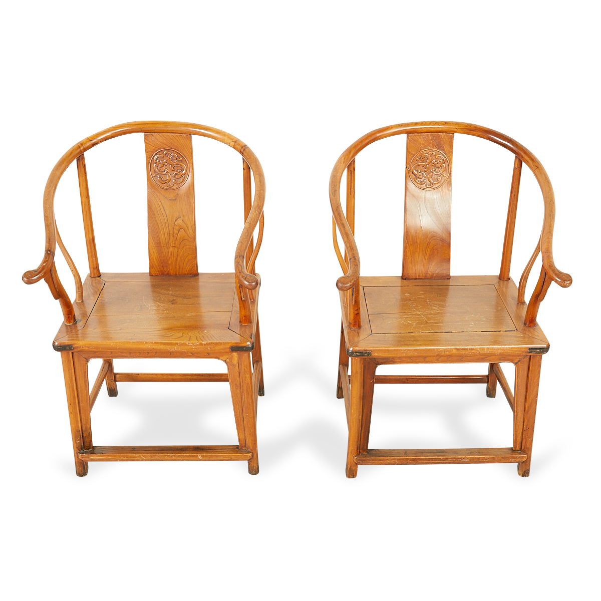 Pair of Chinese Elm Wood Horseshoe Back Armchairs - Image 6 of 14