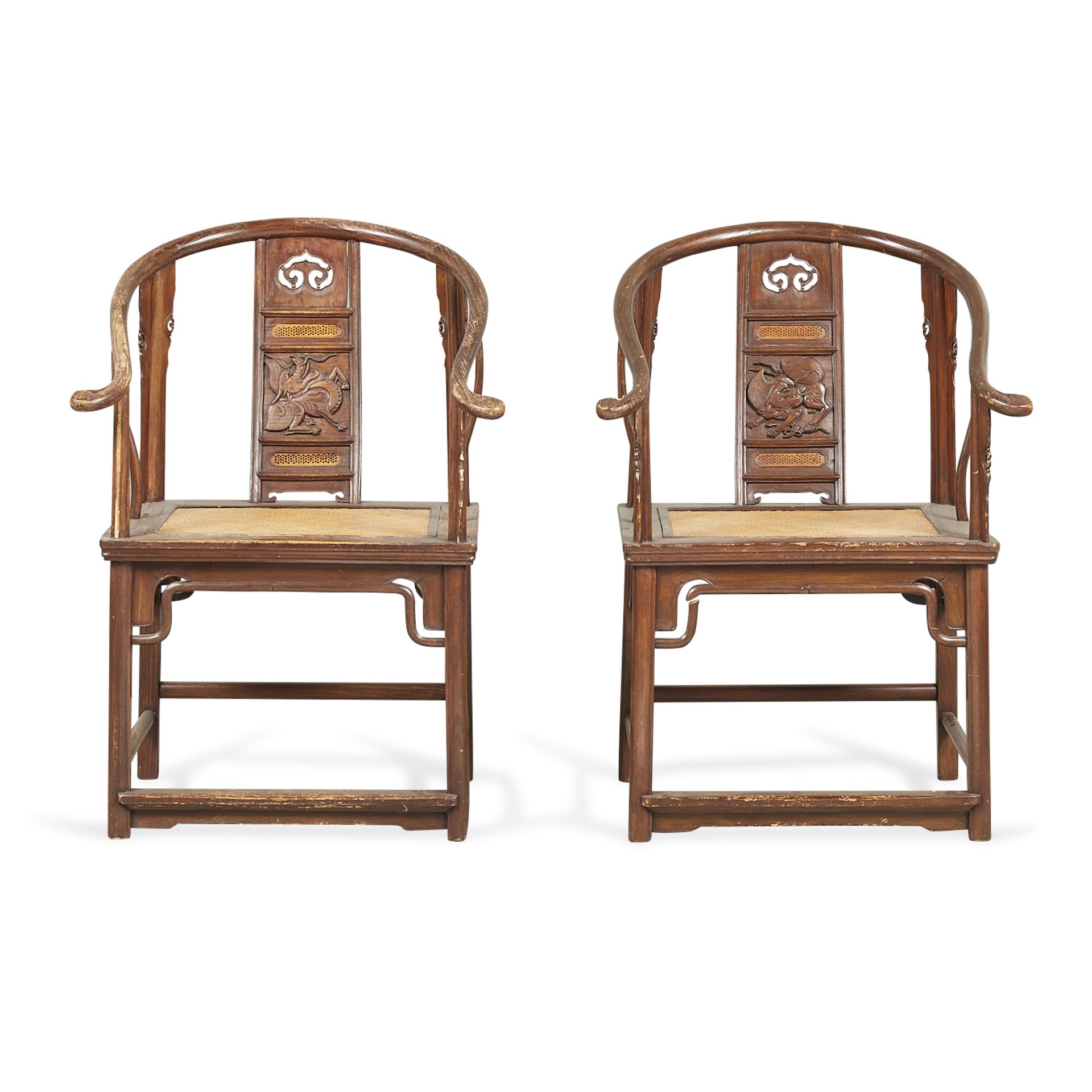 Pair Chinese Elm Horseshoe Back Quanyi Chairs - Image 3 of 20