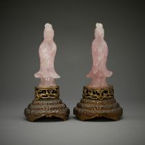 Pr Chinese Rose Quartz Guanyin on Brass Stand