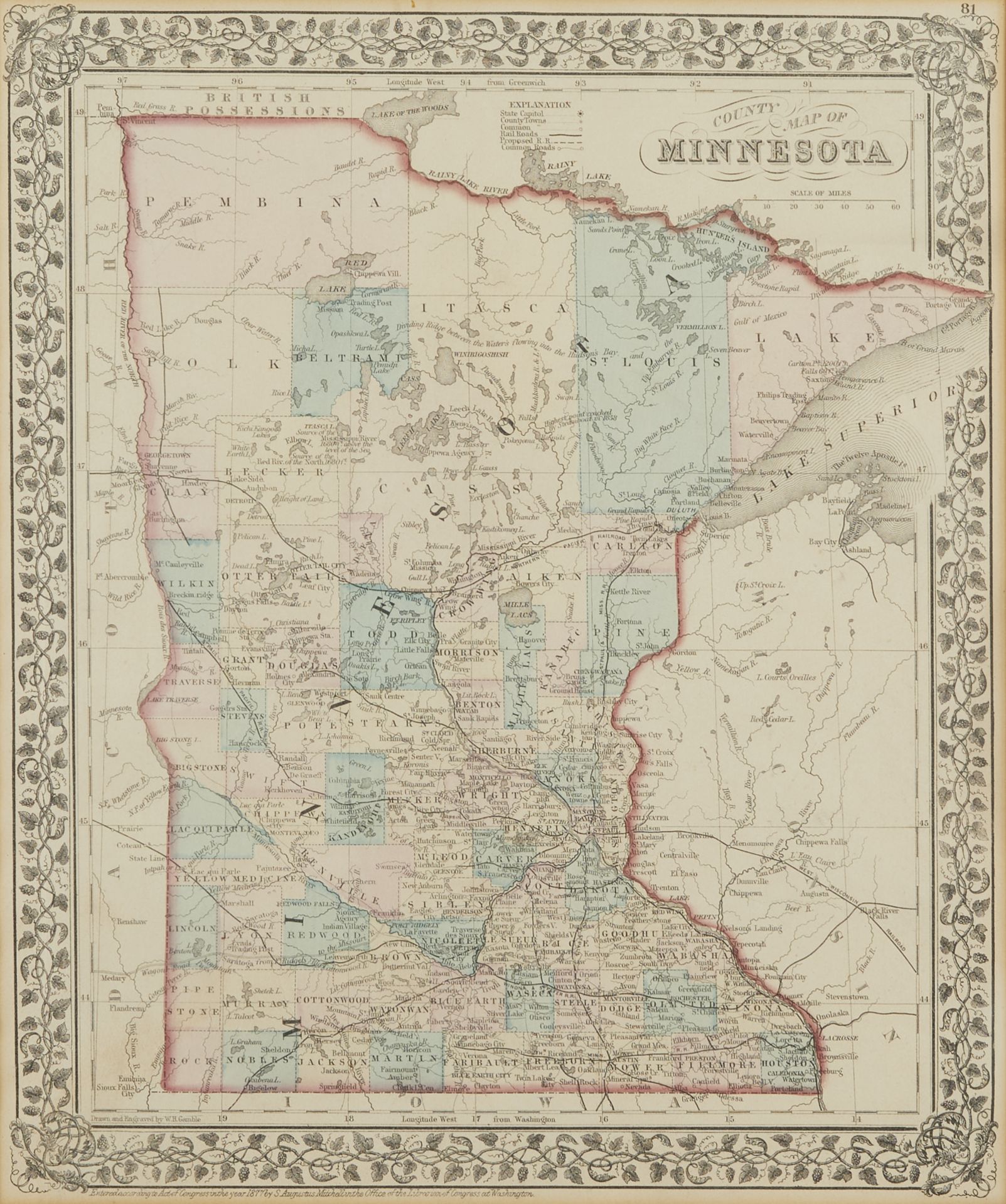 County Map of Minnesota ca. 1877