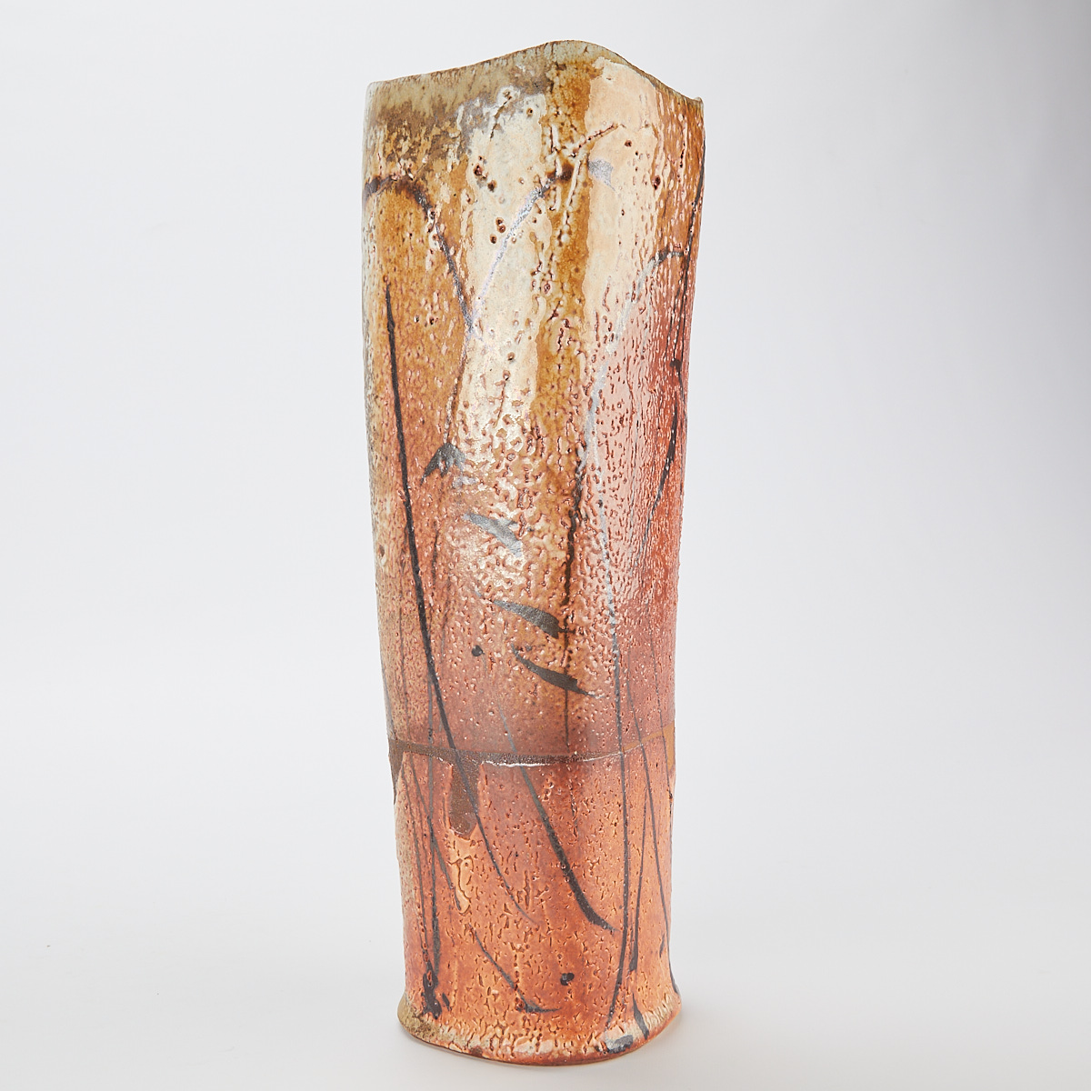 Randy Johnston Tall Ceramic Shino Vase w/ Iron Oxide Brushwork