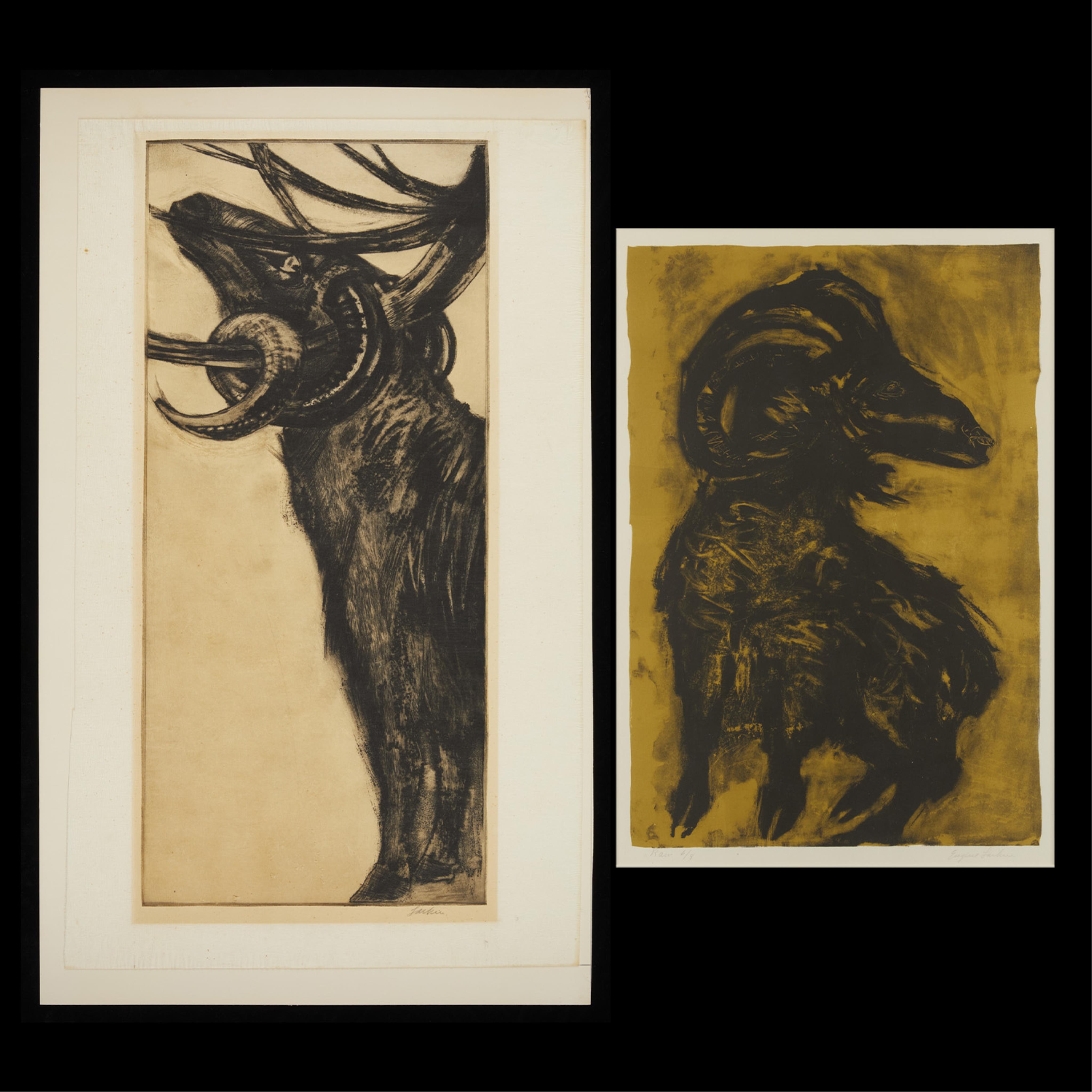 Group of 2 Eugene Larkin Ram Woodblock Prints