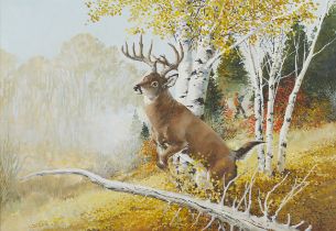 Richard Amundsen Deer Jumping Tree Painting