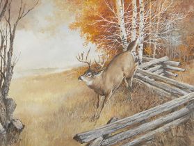 Richard Amundsen Deer Jumping Over Fence Painting