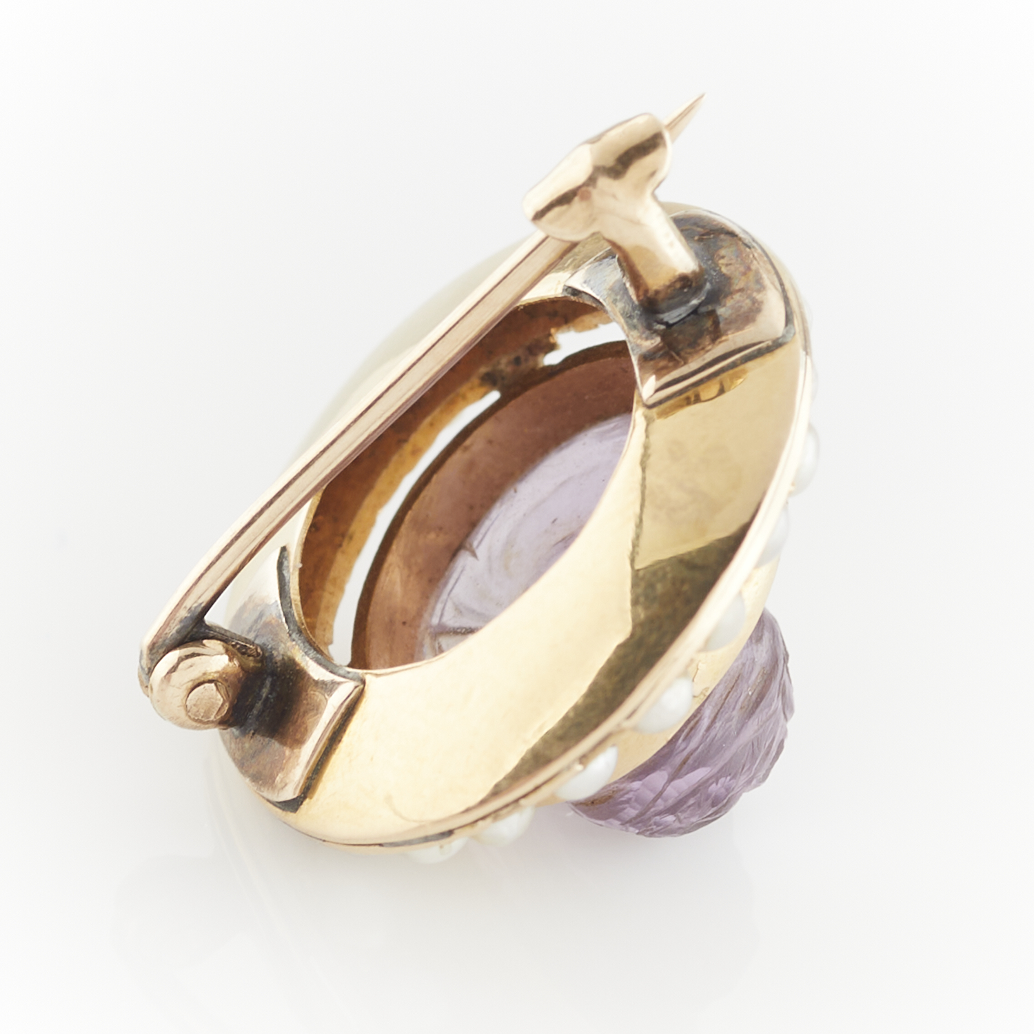 14k Yellow Gold Amethyst Cameo & Pearl Brooch - Image 6 of 7