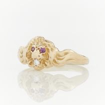 14k Yellow Gold Lion Ring w/ Diamonds & Rubies