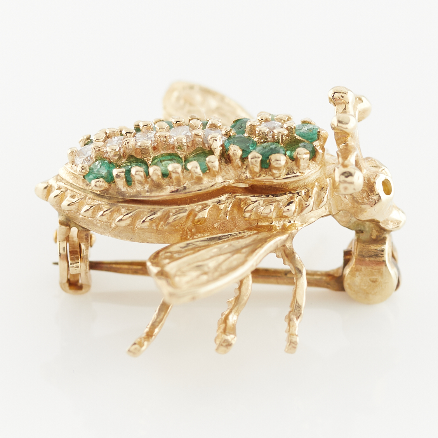 EMA 14k Yellow Gold, Diamond, & Emerald Fly Brooch - Image 4 of 7