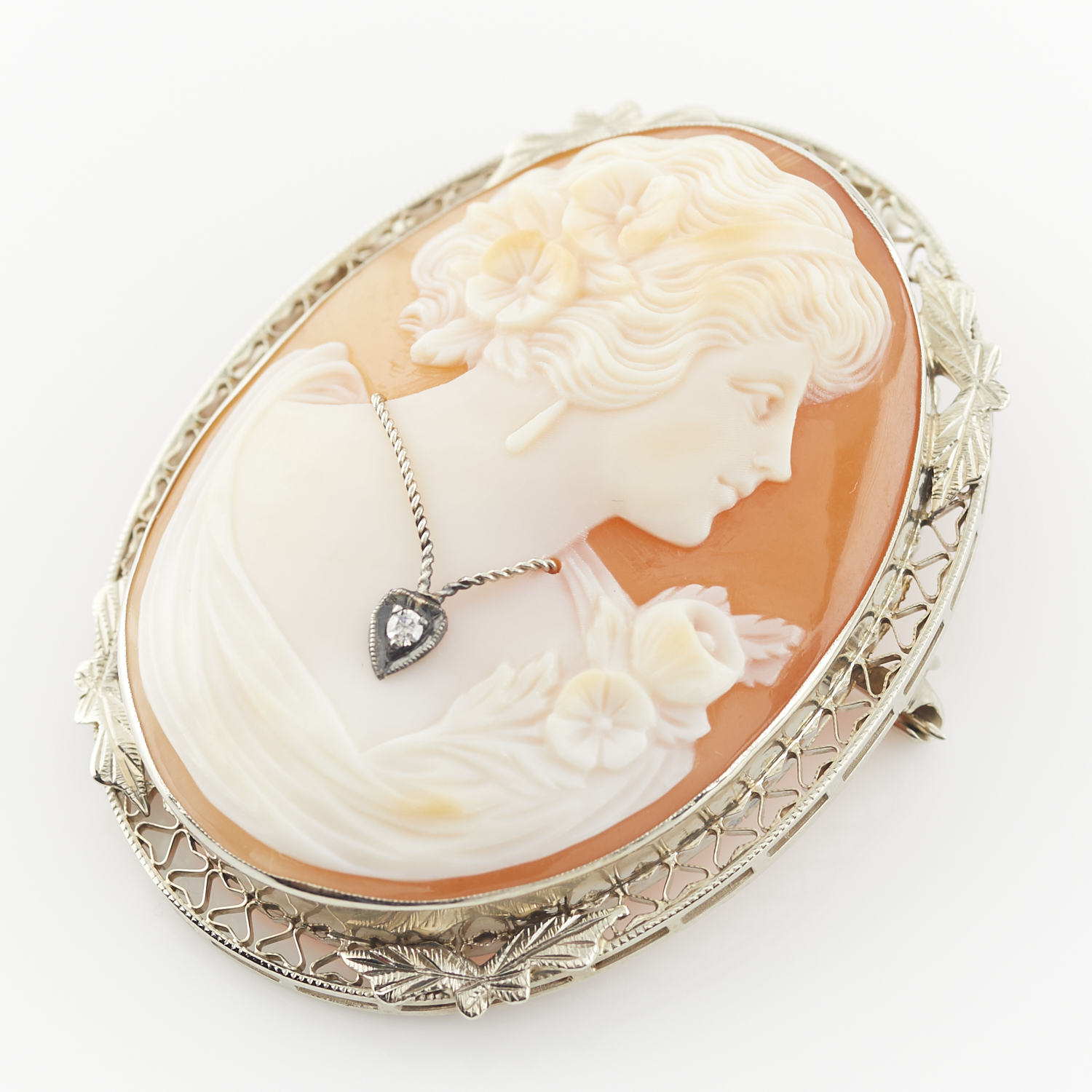 14k White Gold Cameo Habille Brooch with Diamond - Image 2 of 7