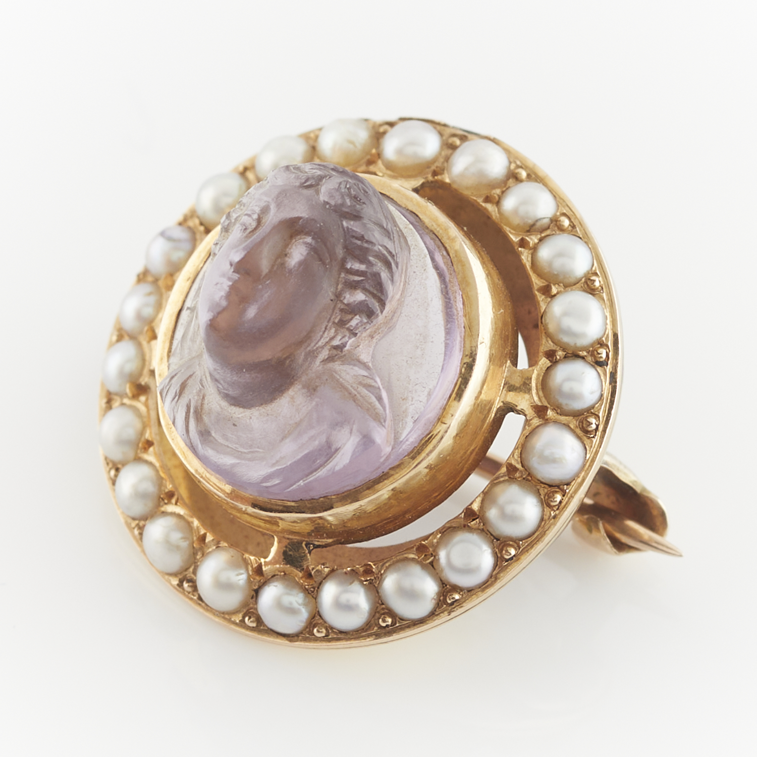 14k Yellow Gold Amethyst Cameo & Pearl Brooch - Image 3 of 7