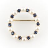 14k Yellow Gold Cultured Pearl and Sapphire Pin