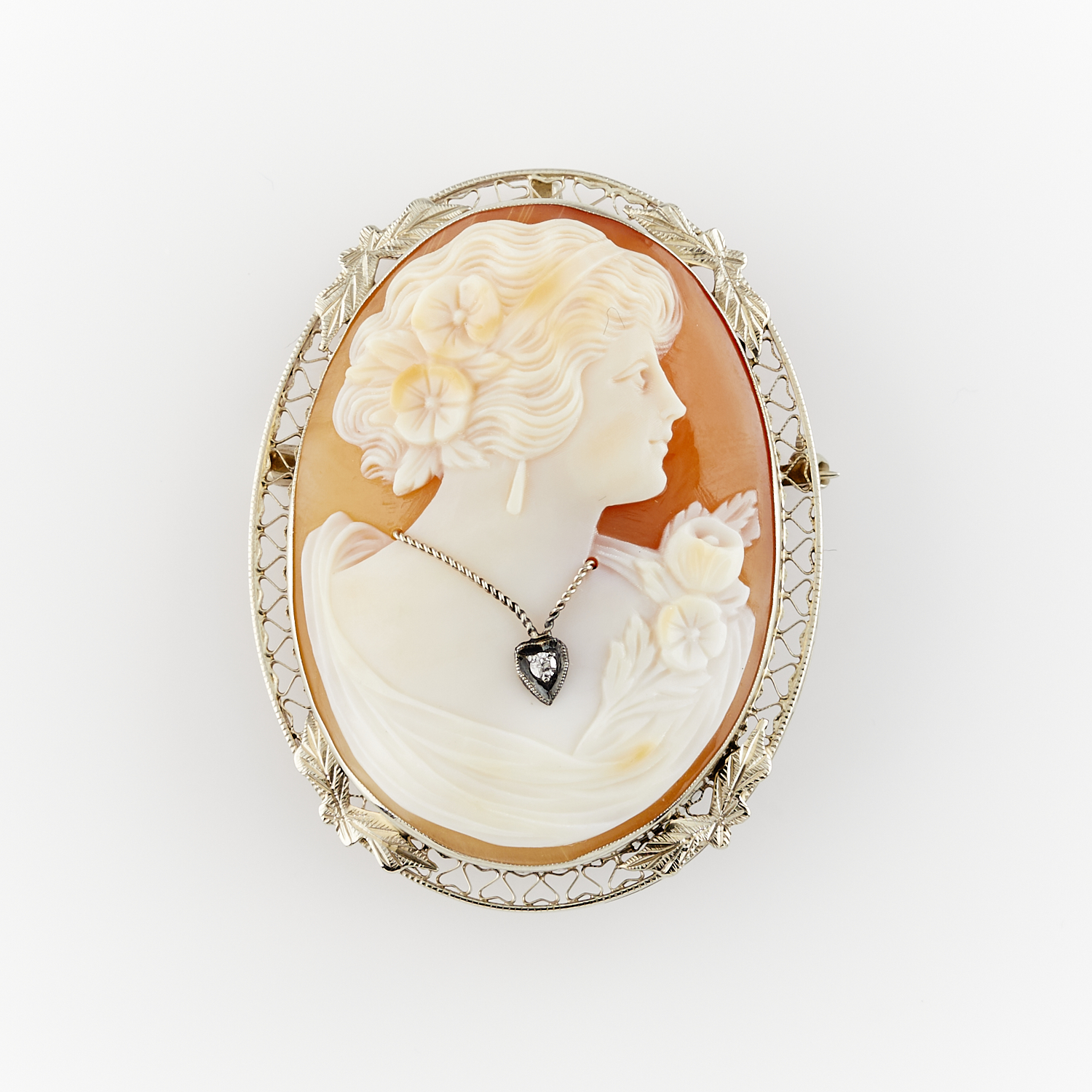 14k White Gold Cameo Habille Brooch with Diamond