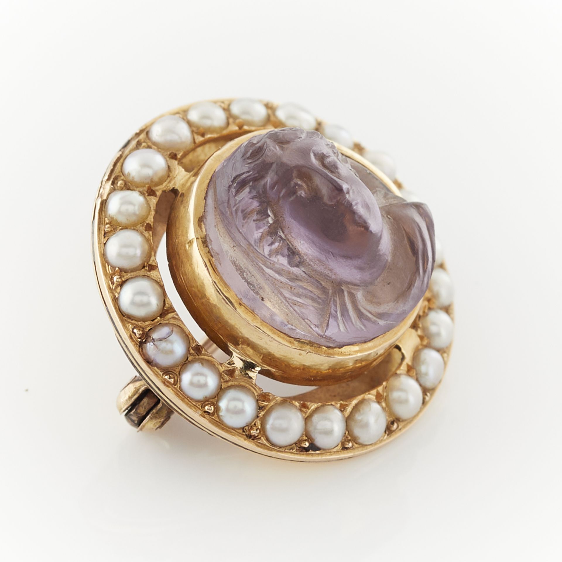 14k Yellow Gold Amethyst Cameo & Pearl Brooch - Bild 4 aus 7