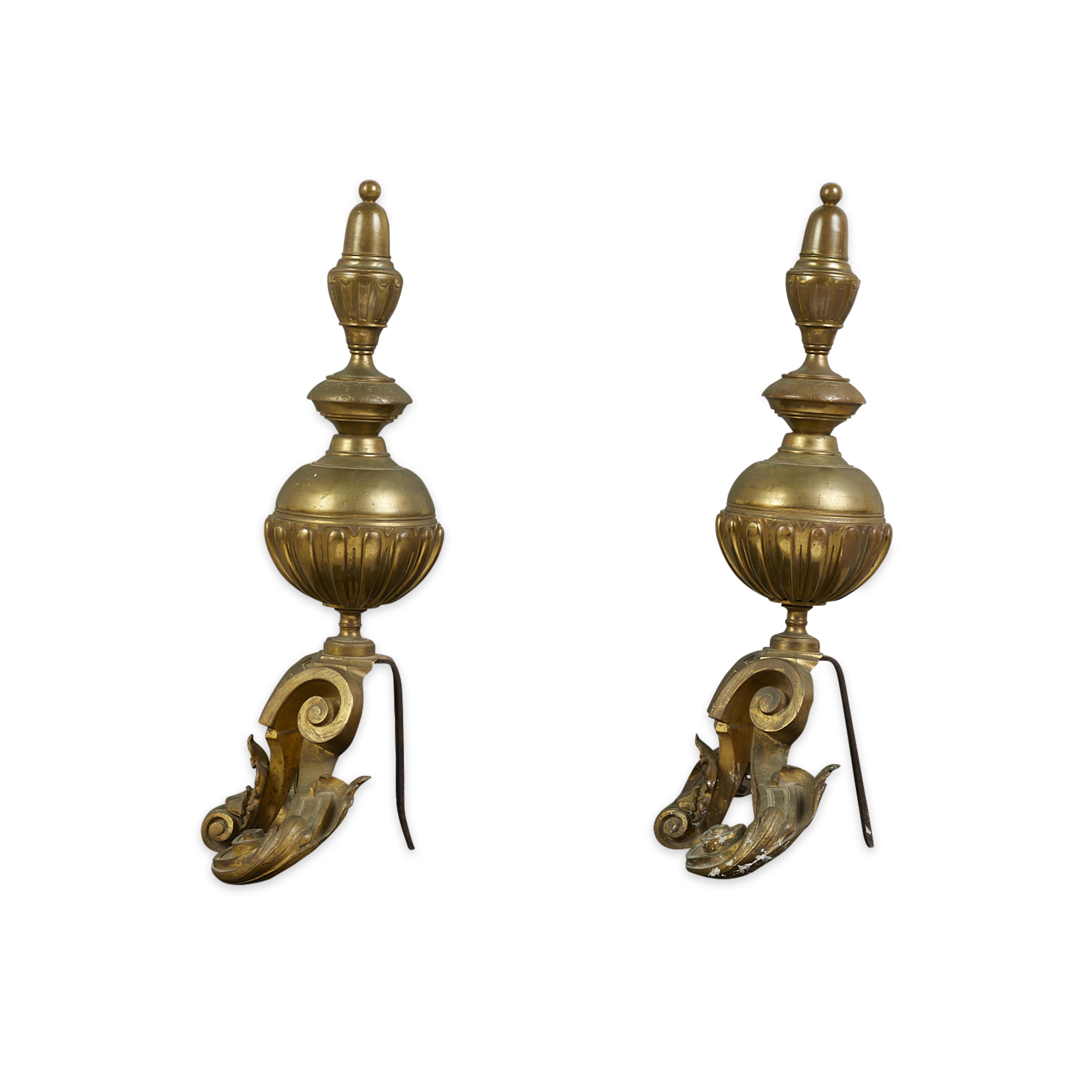 Pair 19th c. Brass Fireplace Andirons - Image 5 of 11