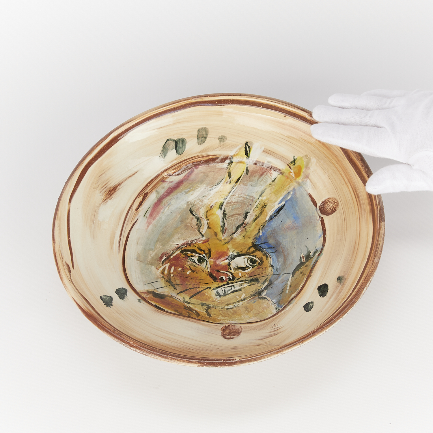 Ron Meyers Ceramic Hand-Painted Rabbit Bowl