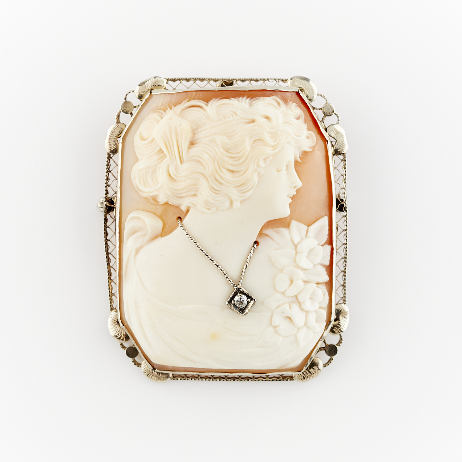 14k White Gold Cameo Habille Brooch w/ Diamond