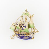 Italian 18k Gold & Enamel Spanish Galleon Brooch