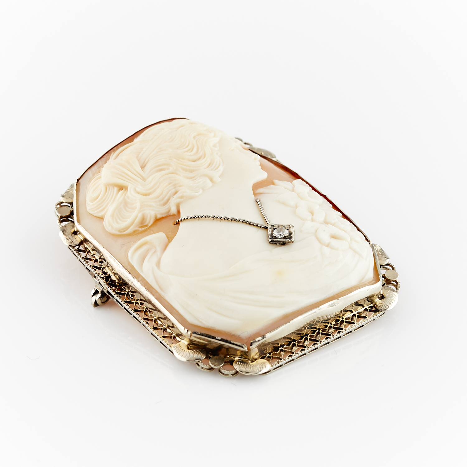 14k White Gold Cameo Habille Brooch w/ Diamond - Image 5 of 8