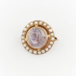 14k Yellow Gold Amethyst Cameo & Pearl Brooch