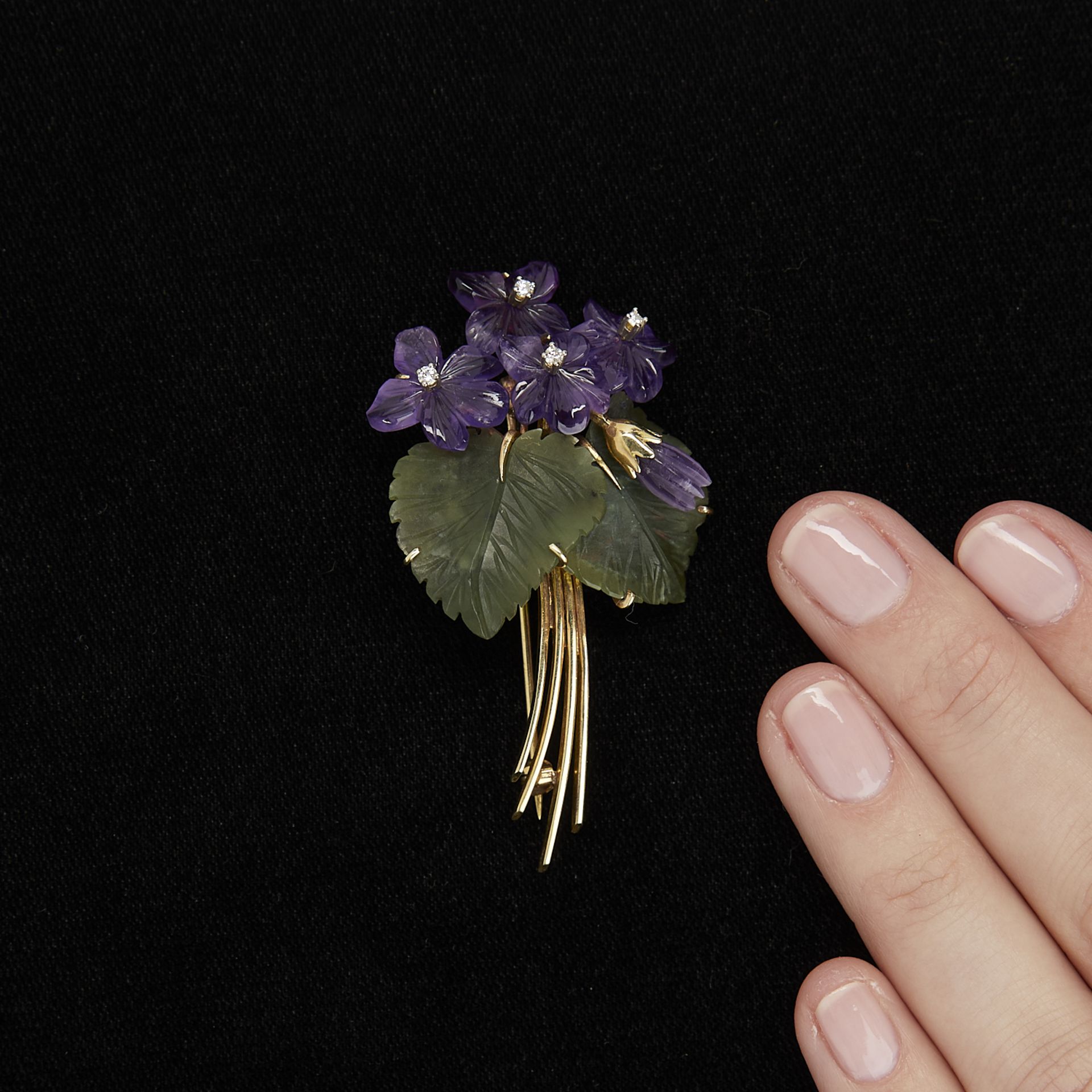 14k Yellow Gold Carved Violets Brooch - Image 2 of 6