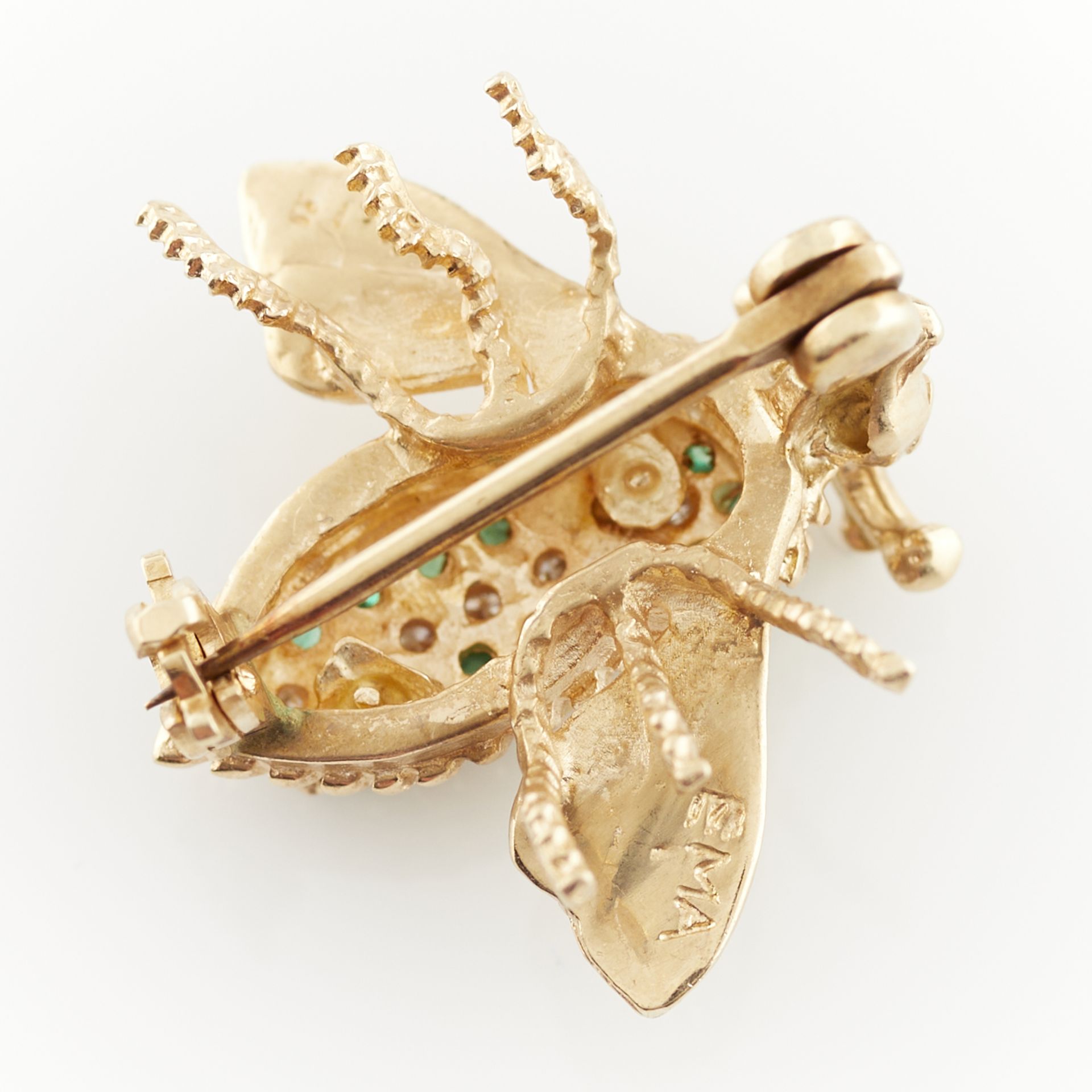 EMA 14k Yellow Gold, Diamond, & Emerald Fly Brooch - Bild 7 aus 7