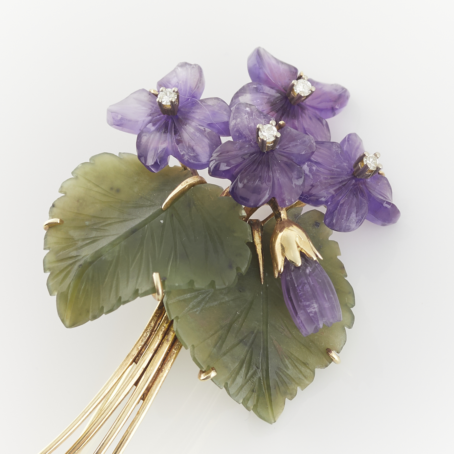 14k Yellow Gold Carved Violets Brooch - Image 5 of 6