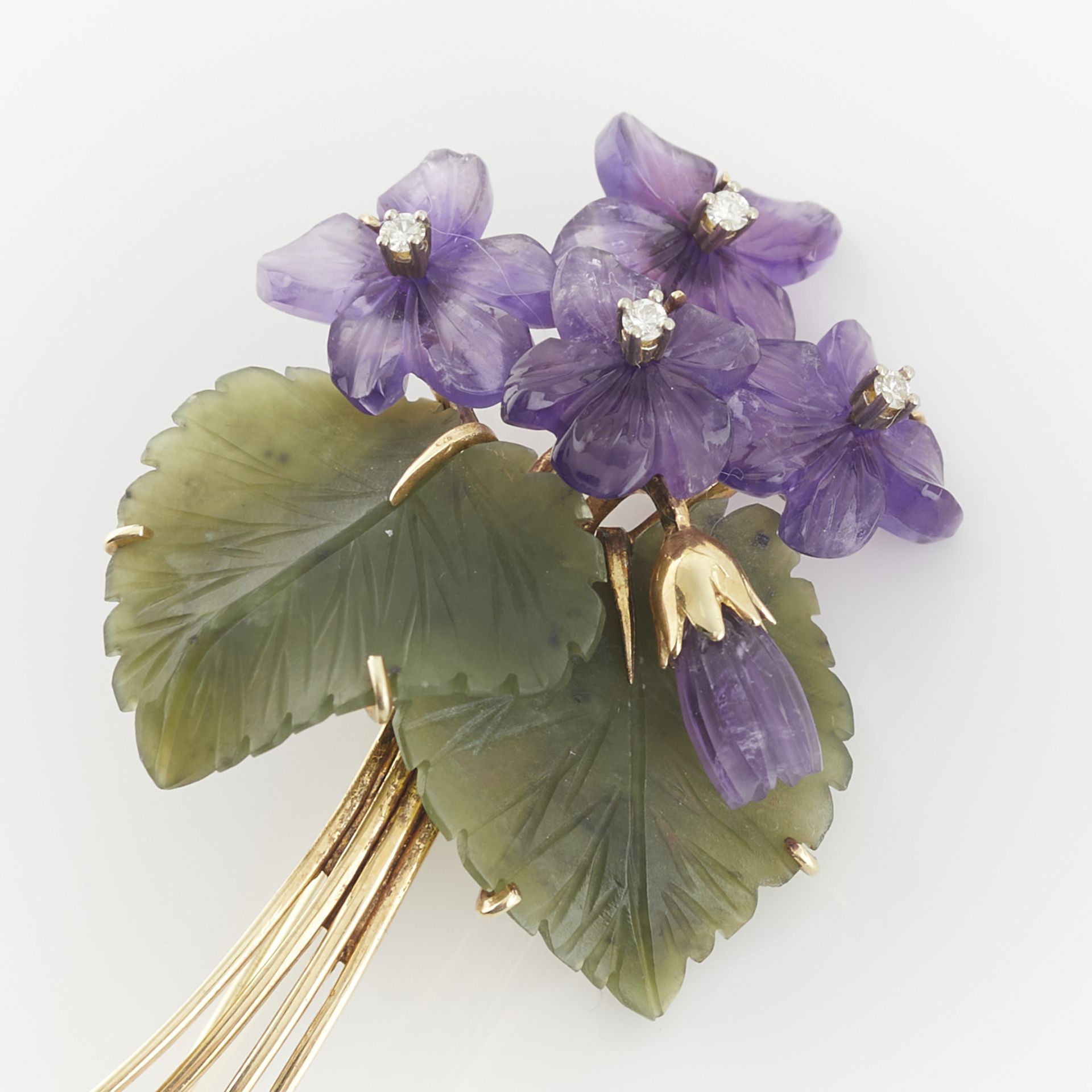 14k Yellow Gold Carved Violets Brooch - Bild 5 aus 6