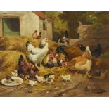 French School Farmyard Painting of Chickens